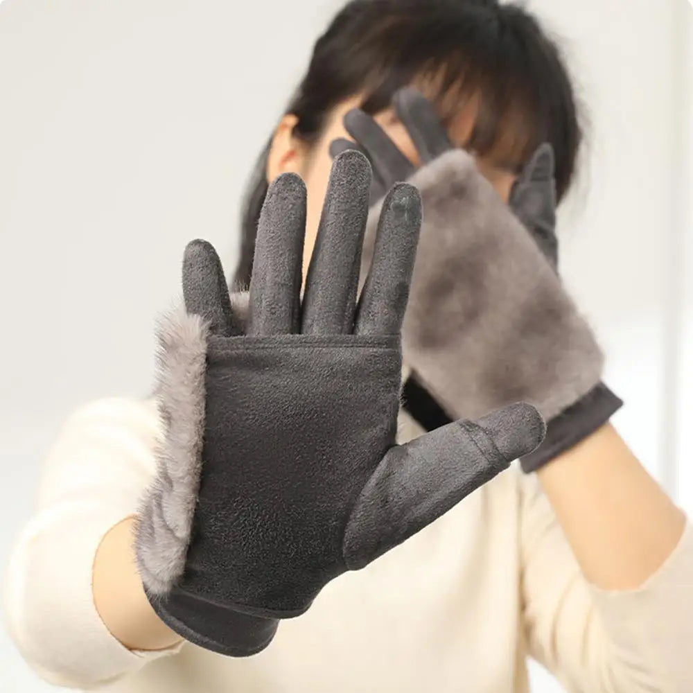 Suede Faux Rabbit Fur Touchscreen Winter Gloves | Warm Lined Dress Gloves for Women