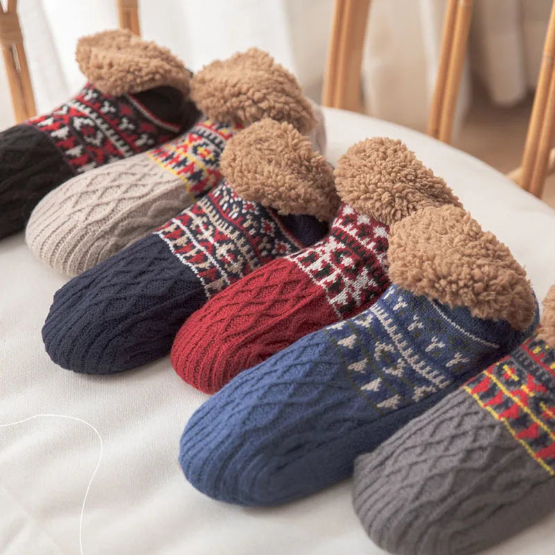 Snow Pattern Warm Winter Floor Socks | Fluffy Cosy Thermal Slipper Socks for Women