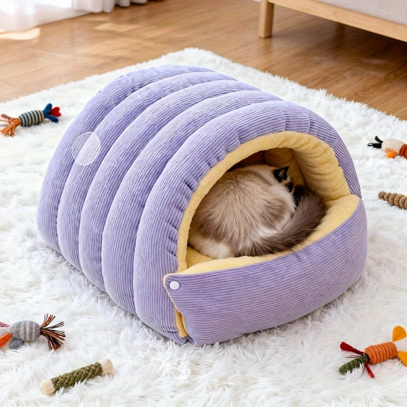 Enclosed Cat Cave Bed | Warm Arctic Fleece Hooded Pet Bed for Cats & Small Dogs