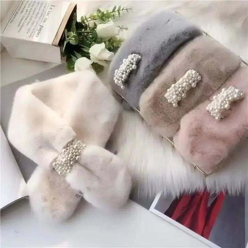Luxury Faux Fur Pearl Winter Scarf | Elegant Fluffy Cross Scarf for Women
