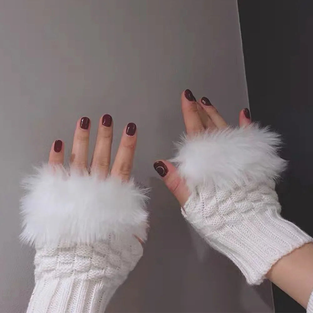 Faux Fur Fingerless Winter Gloves | Warm Fluffy Hand Warmers for Women