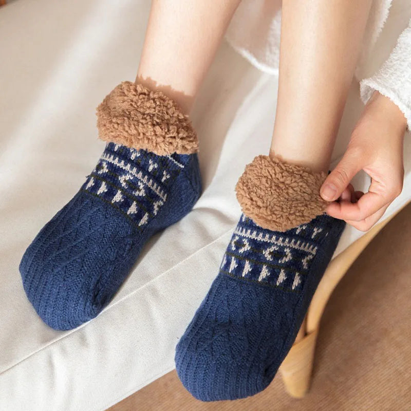 Snow Pattern Warm Winter Floor Socks | Fluffy Cosy Thermal Slipper Socks for Women