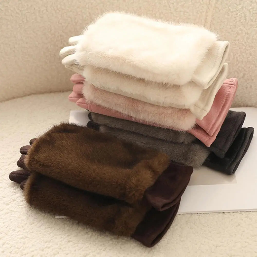 Suede Faux Rabbit Fur Touchscreen Winter Gloves | Warm Lined Dress Gloves for Women