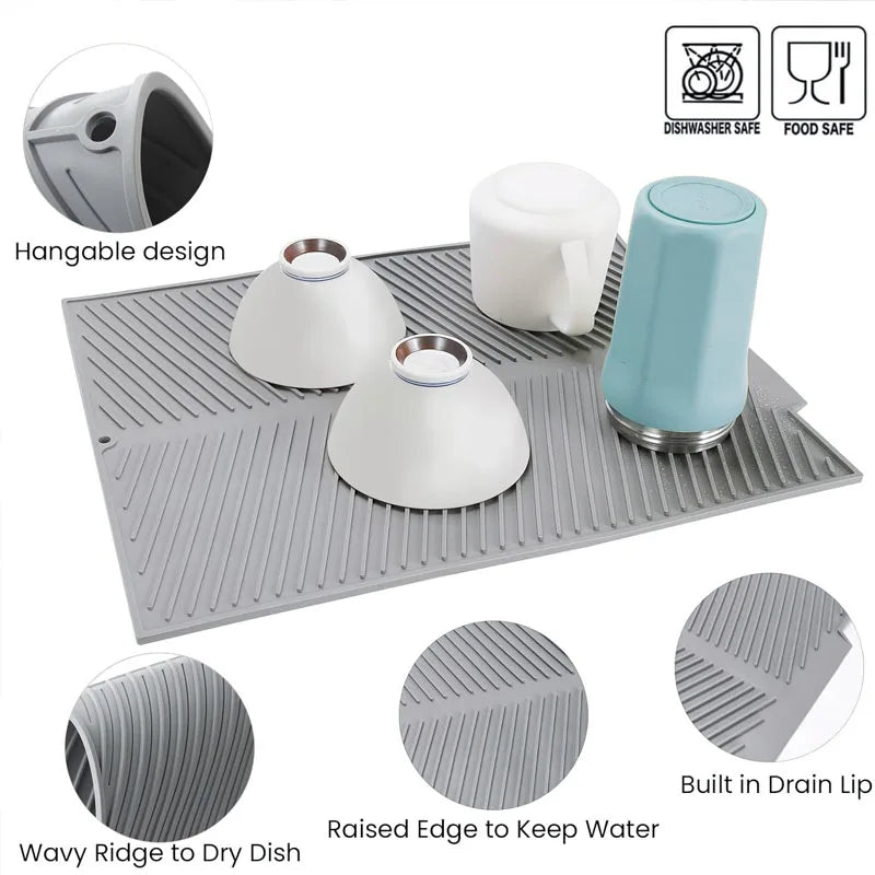Silicone Dish Drying Mat for Kitchen Countertop | Non-Slip Washable Drainer Pad — S, M & L
