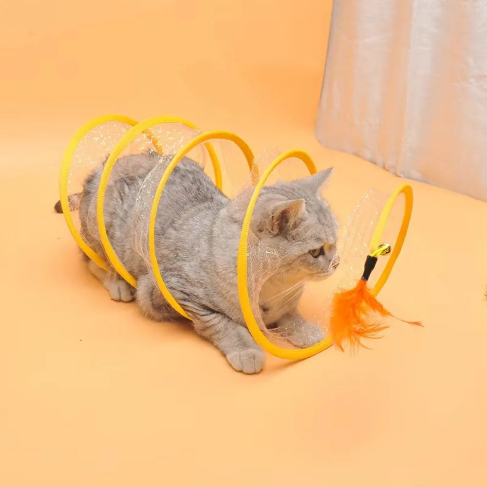 Collapsible S-Shape Interactive Cat Tunnel | Pop-Up Play Tube with Hanging Toy for Cats