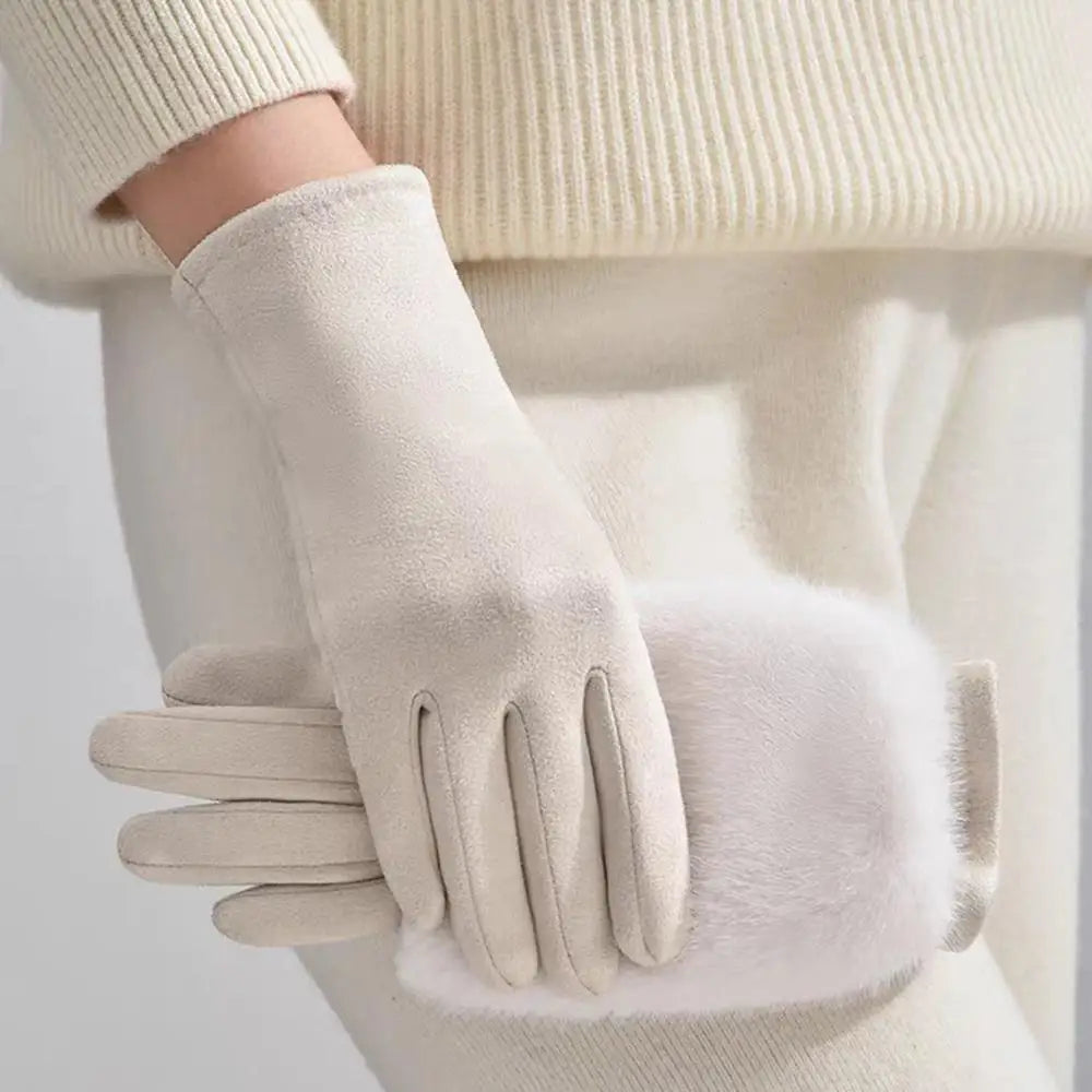 Suede Faux Rabbit Fur Touchscreen Winter Gloves | Warm Lined Dress Gloves for Women