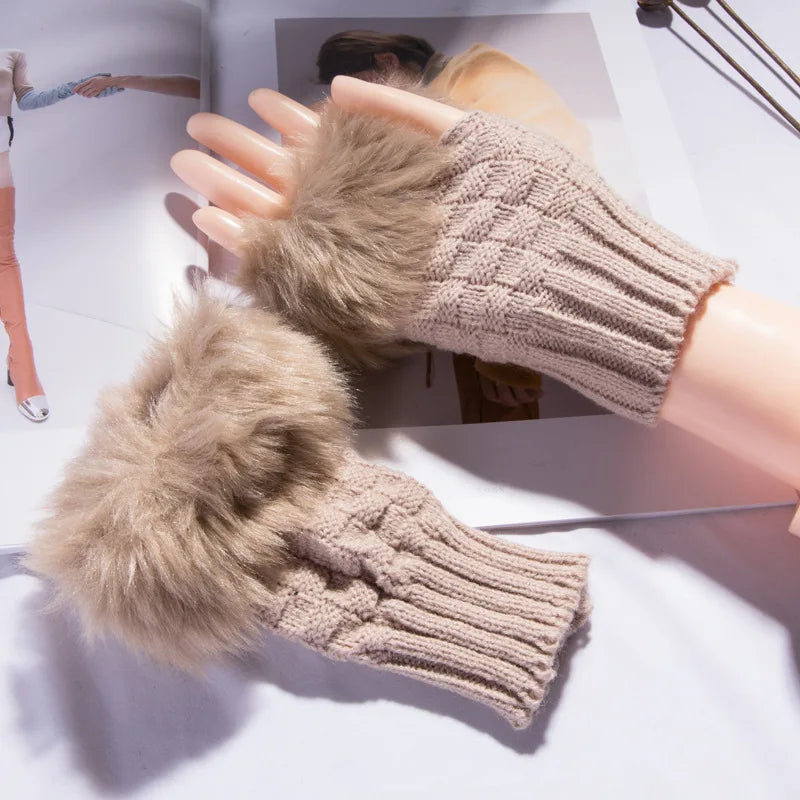 Faux Fur Fingerless Winter Gloves | Warm Fluffy Hand Warmers for Women