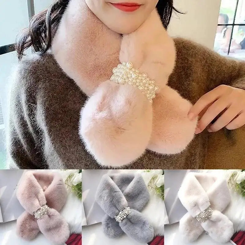 Luxury Faux Fur Pearl Winter Scarf | Elegant Fluffy Cross Scarf for Women