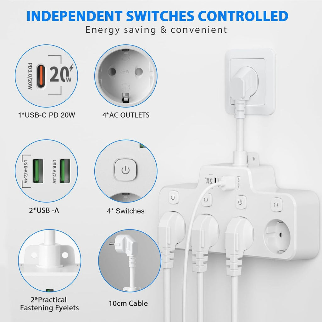 Wall-mounted Power Strip With Independent Switch — 2 USB A And 1 USB C | Cleverly Designed for Everyday Use — You'll Wonder How You Managed Without It