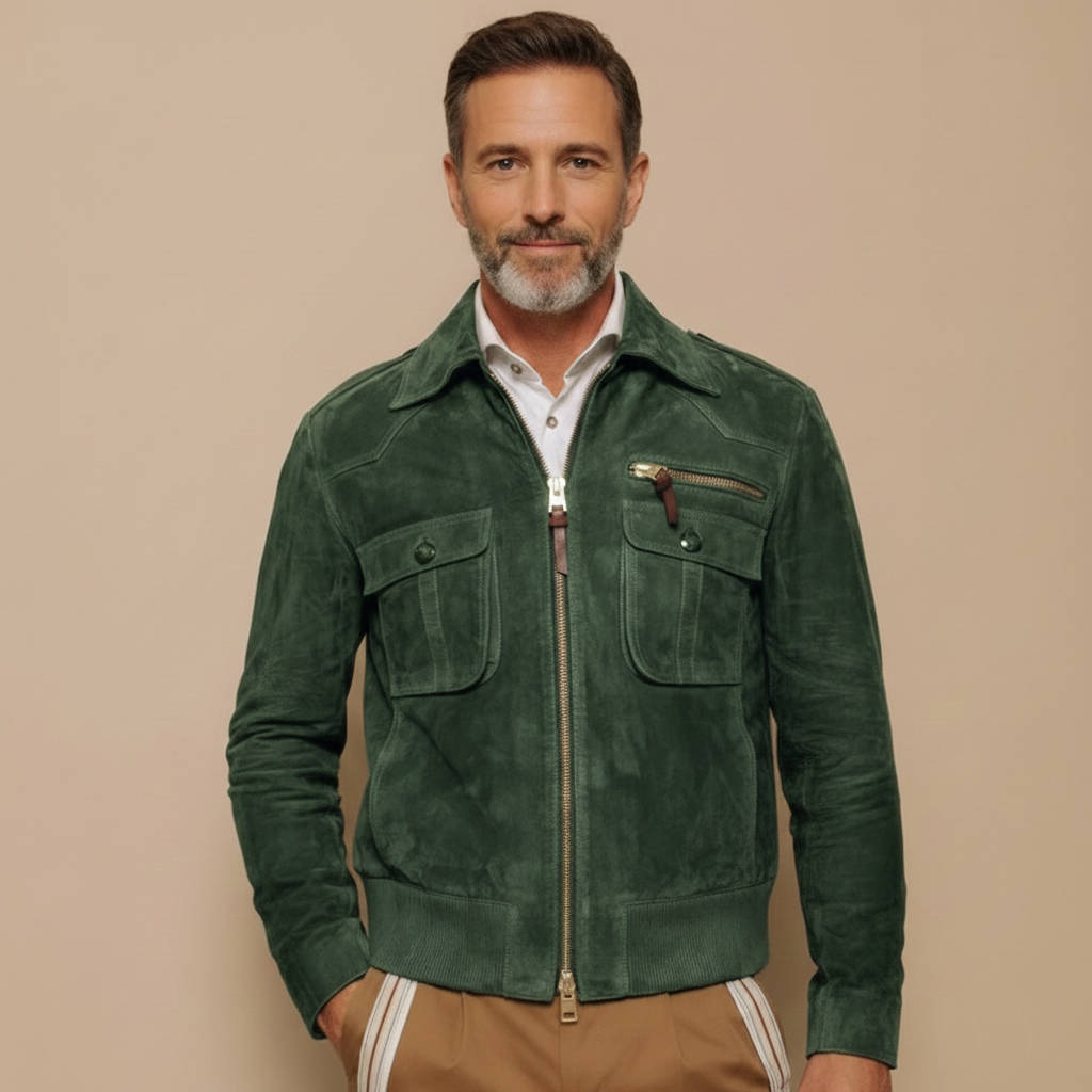 Men's Retro Suede Jacket with Lapel & Zipper Pockets | Vintage Style Overshirt for Men