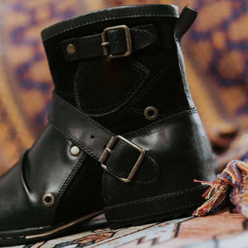 Men's Vintage Buckled Ankle Boots | Retro Style Leather Look Chelsea Boots for Men