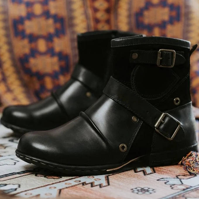 Men's Vintage Buckled Ankle Boots | Retro Style Leather Look Chelsea Boots for Men