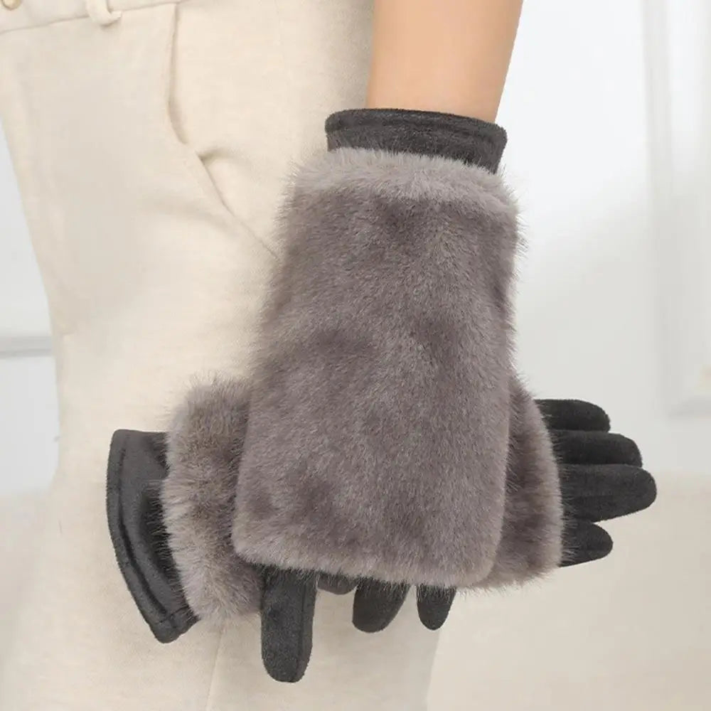 Suede Faux Rabbit Fur Touchscreen Winter Gloves | Warm Lined Dress Gloves for Women