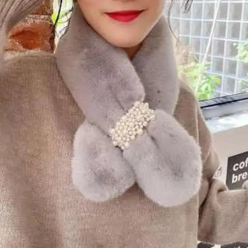 Luxury Faux Fur Pearl Winter Scarf | Elegant Fluffy Cross Scarf for Women