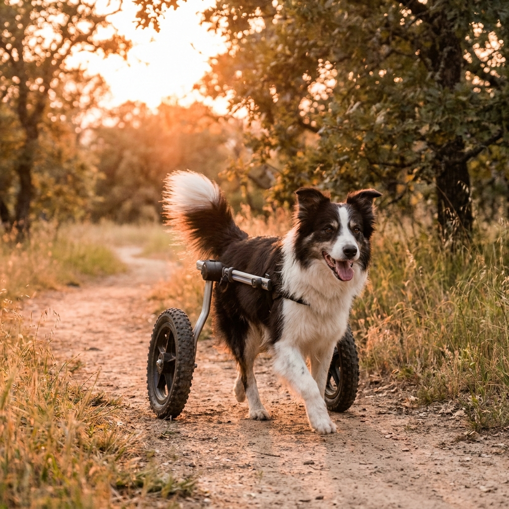 Happy dog using a Buddies adjustable rear-support dog wheelchair outdoors