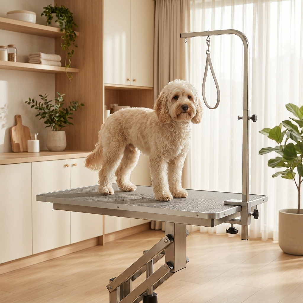 Calm dog standing on a Buddies professional height-adjustable dog grooming table