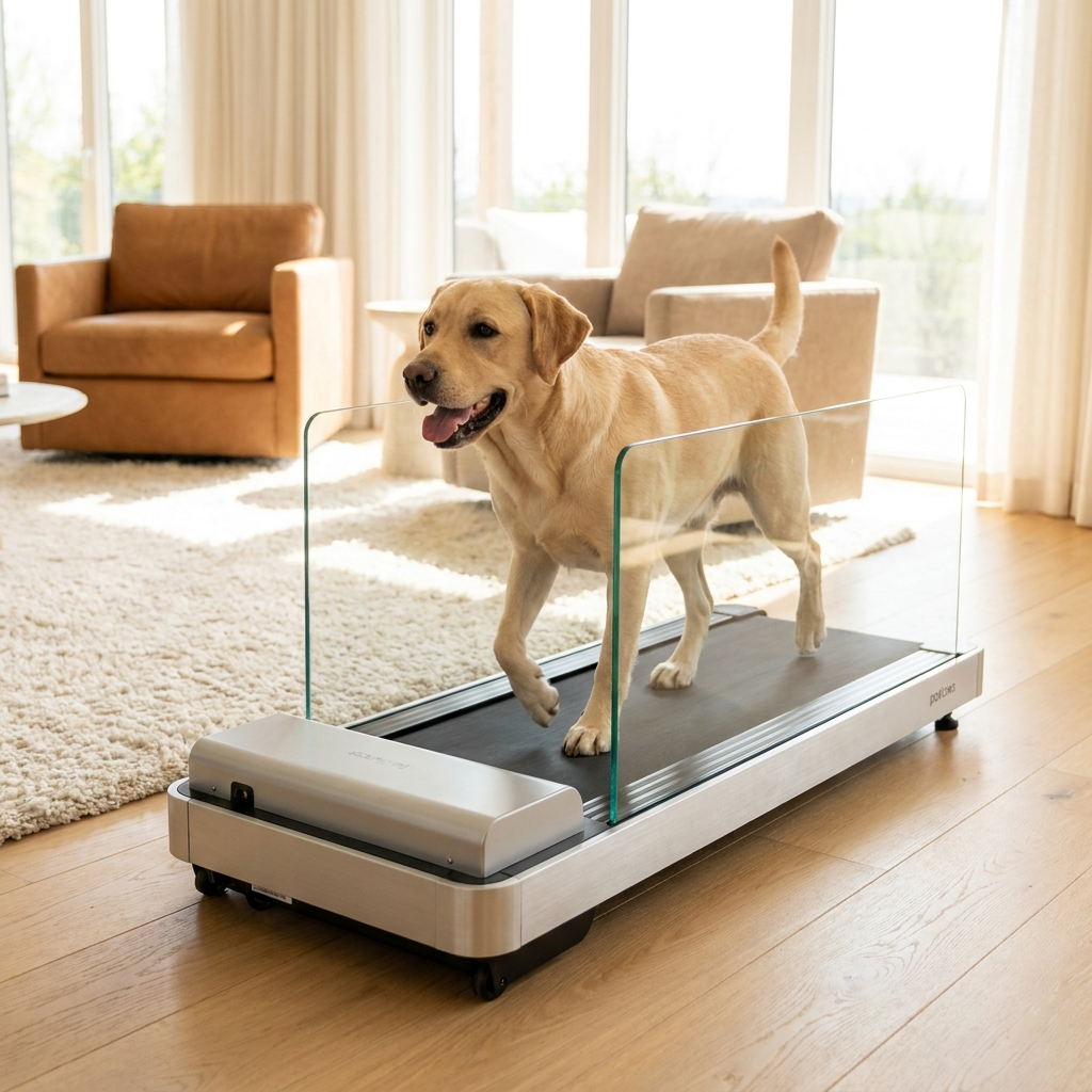 Labrador walking on an enclosed Buddies dog treadmill with clear side panels