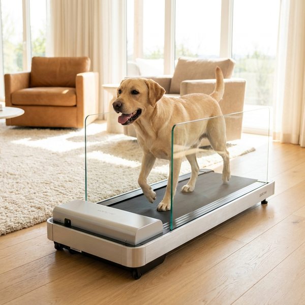 Labrador walking on an enclosed Buddies dog treadmill with clear side panels