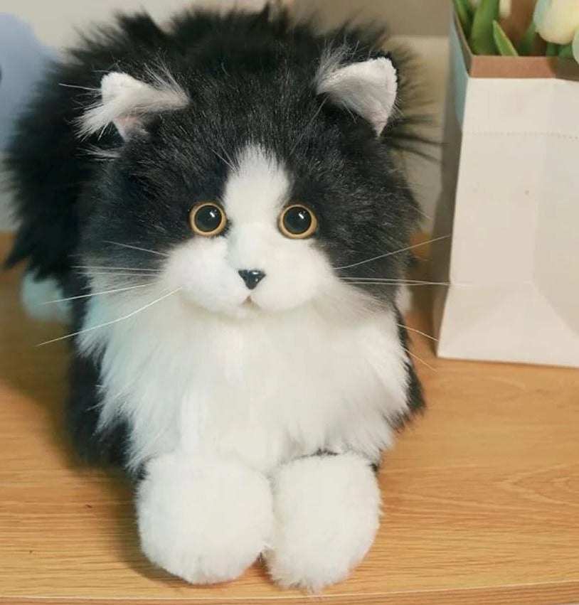 Lifelike Black & White Plush Cat | Realistic Stuffed Animal Toy for Children & Cat Lovers
