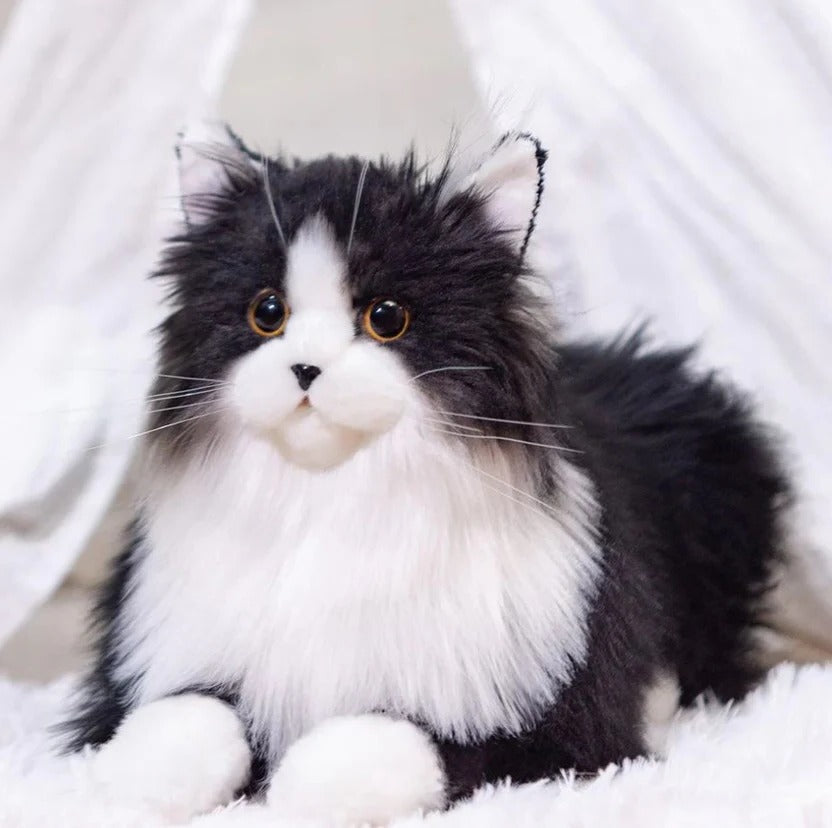 Lifelike Black & White Plush Cat | Realistic Stuffed Animal Toy for Children & Cat Lovers