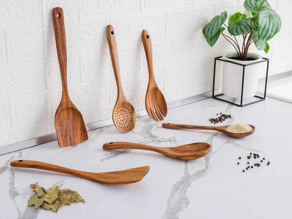 6-Piece Wooden Kitchen Utensil Set | Natural Wood Cooking Tools for Non-Stick Pans
