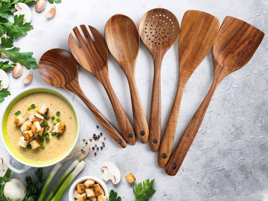 6-Piece Wooden Kitchen Utensil Set | Natural Wood Cooking Tools for Non-Stick Pans
